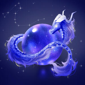 Petit dragon asiatique qui protège une sphère contenant des étoiles. Il est bleu-violet avec des cornes argentées, sa crinière est violette. Le long de son corps, il y a des gemmes jaunes lumineuses. En arrière plan, il y la constellation du Dragon.